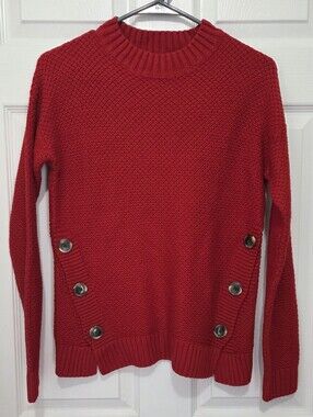 Sfera Women's Chunky Waffle Knit  Button-Accent Crewneck Red Sweater Size Small